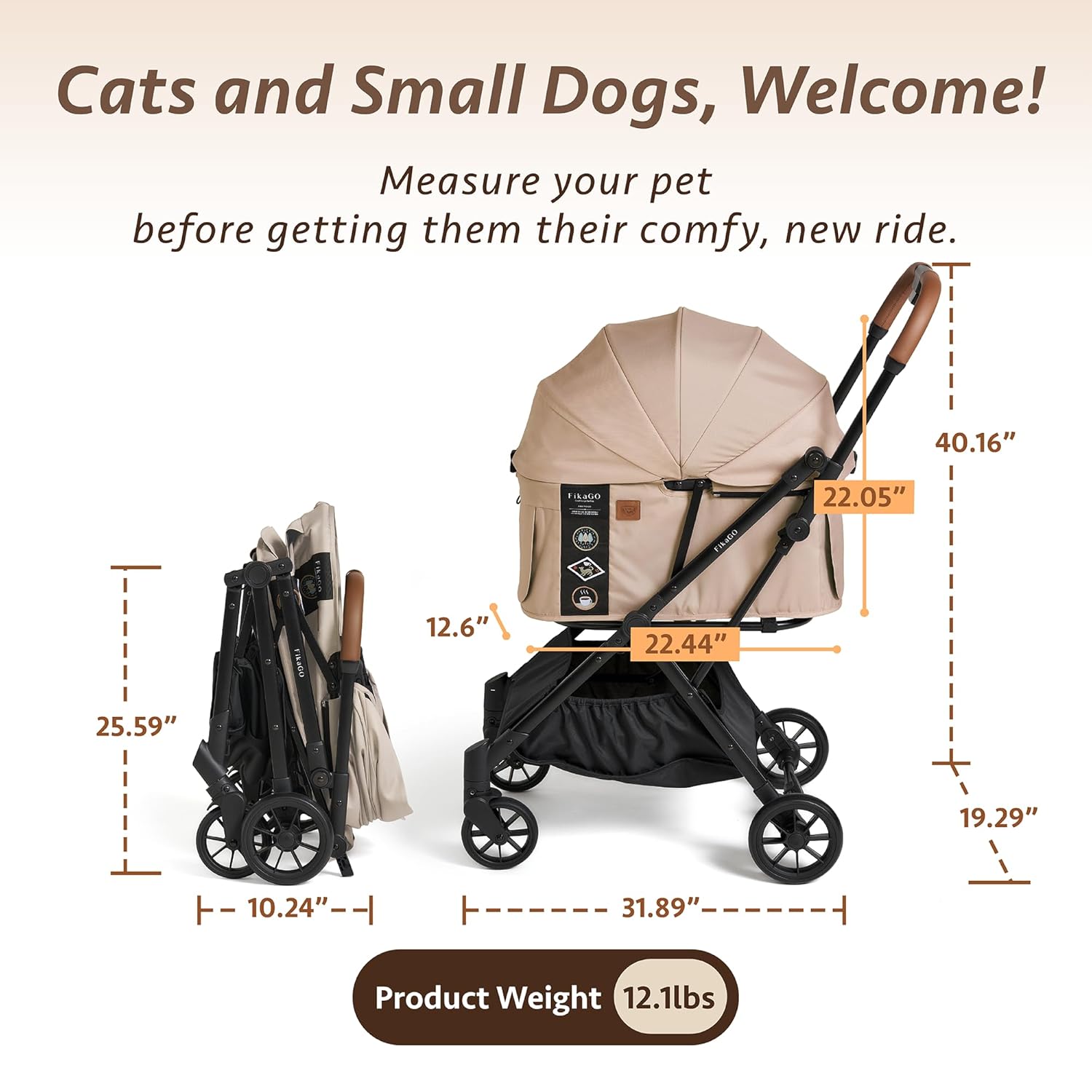 FikaGO-FTG2 Luxury Pet Stroller Lightweight Fast Folding - 44lbs Load Capacity, Pet Stroller Carriage for Small Medium Sized Pet, Portable Safety Pet Carrier or Pet Crate for Travel Gear ( see the original color on the pictures)